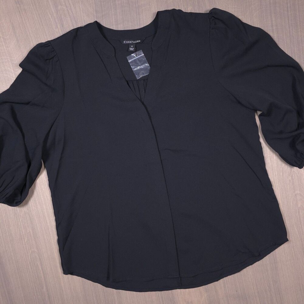 41 Hawthorn Womens Blouse Size M Black Button Up V-Neck 3/4 Puff Sleeve.